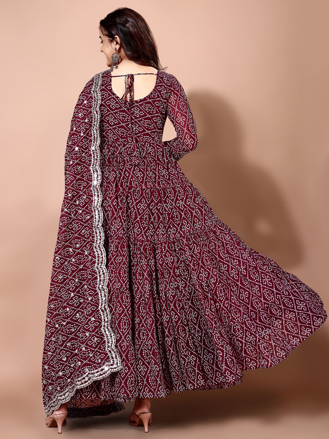 KALINI Bandhani Printed Tiered Anarkali Georgette Kurta With Trouser & Dupatta