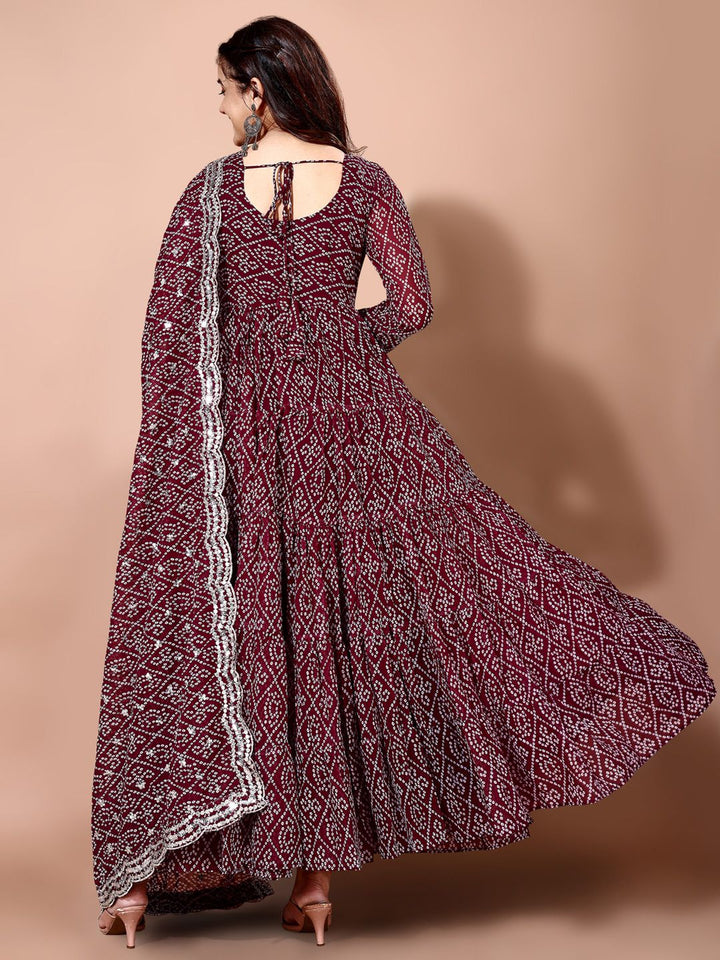 KALINI Bandhani Printed Tiered Anarkali Georgette Kurta With Trouser & Dupatta