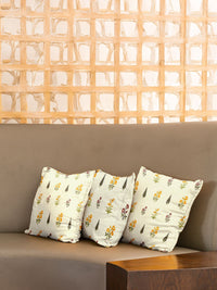 URBAN SPACE White & Yellow 3 Pieces Floral Printed Cotton Square Cushion Covers