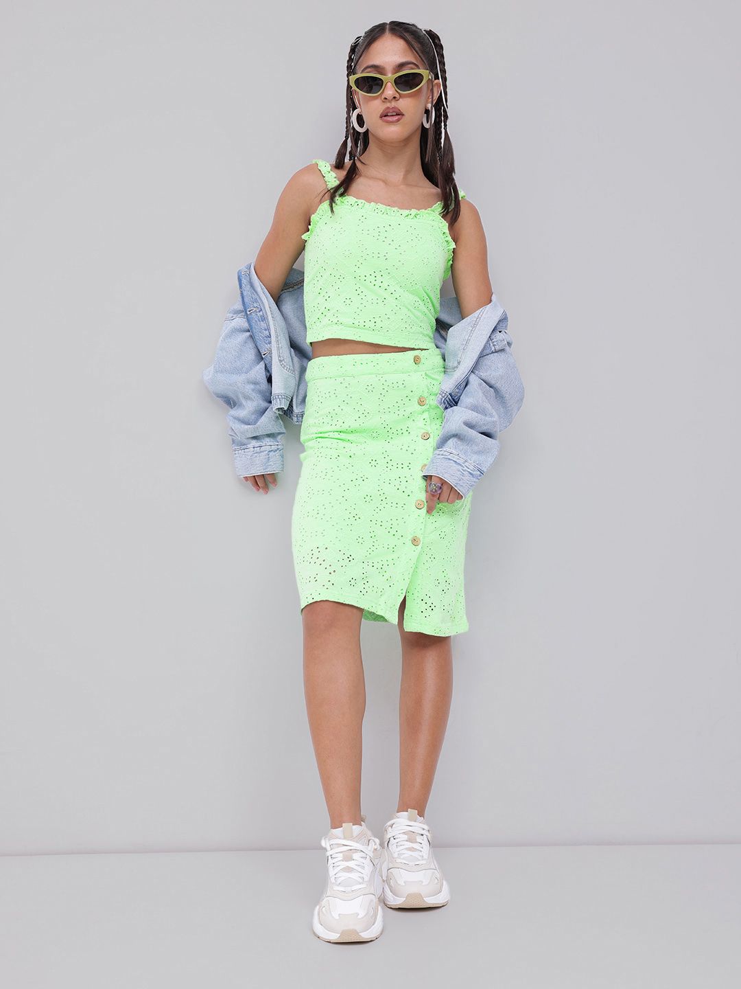 DressBerry Cool Matcha Schiffli Buttoned Style Skirt