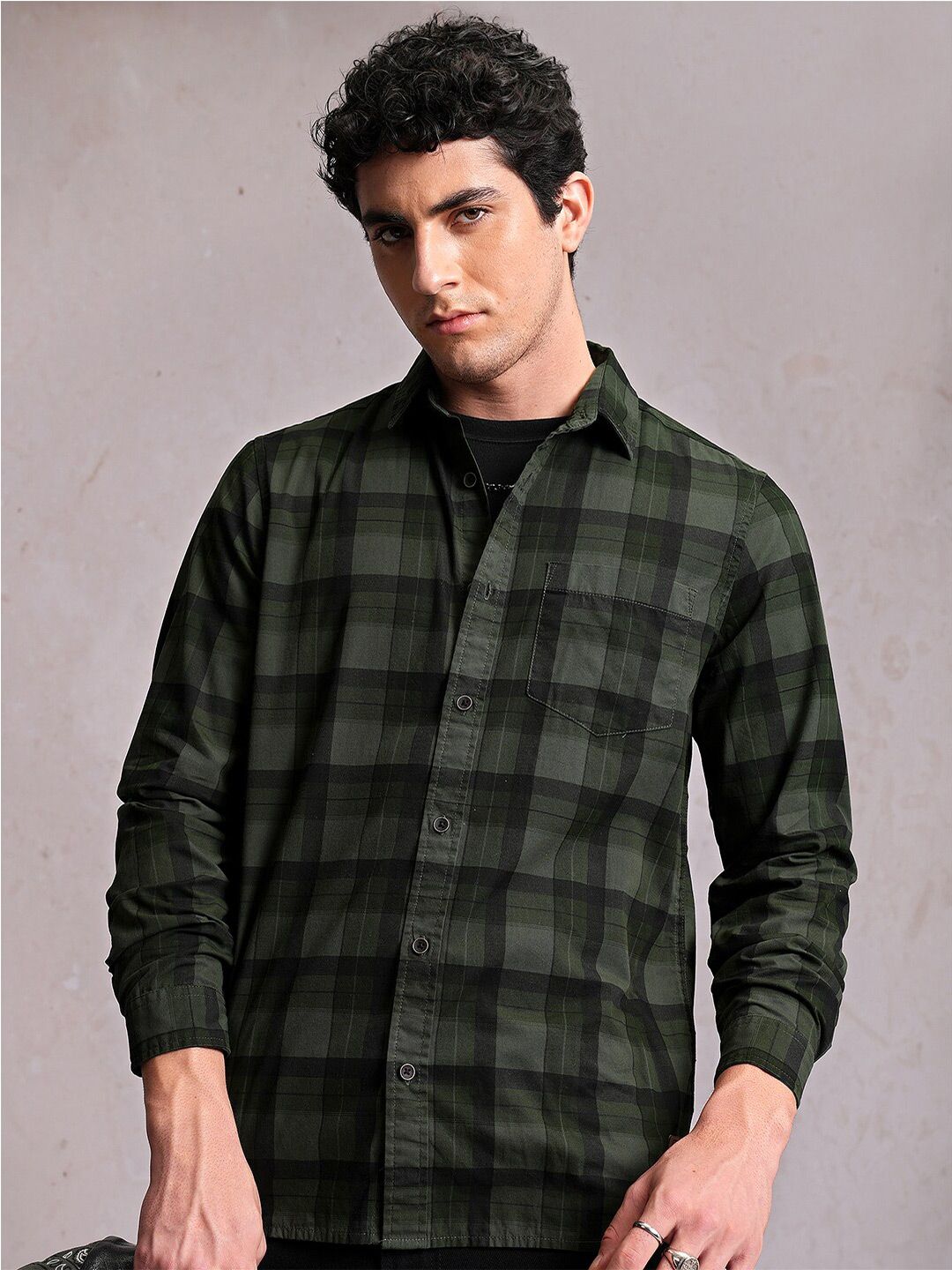Locomotive Men Green Checked Regular Shirt