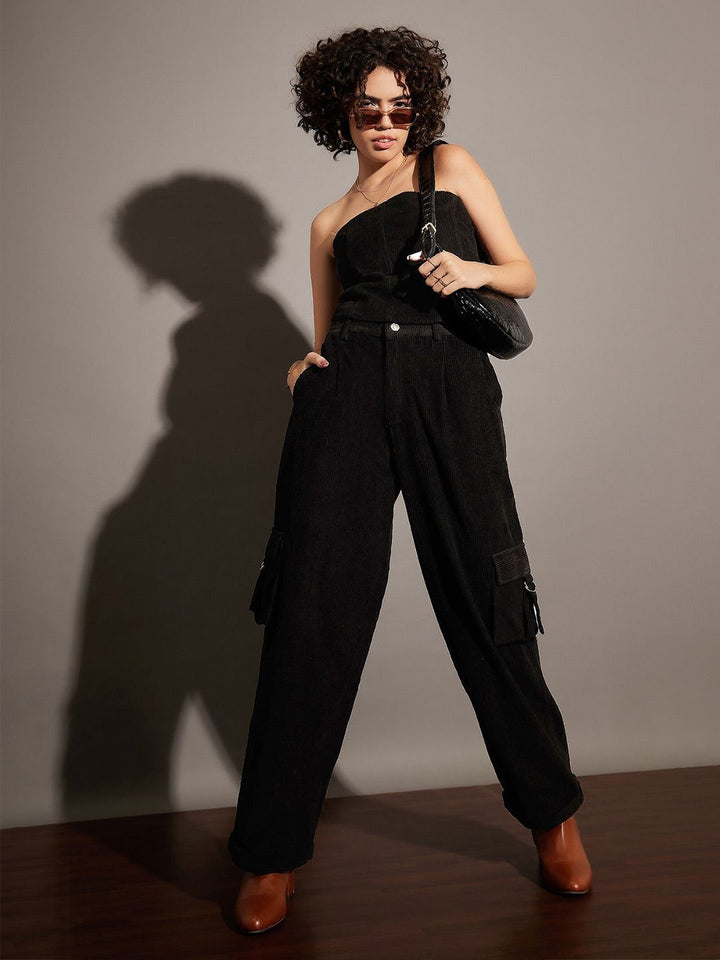 SASSAFRAS Black Strapless Corduroy Tube Top