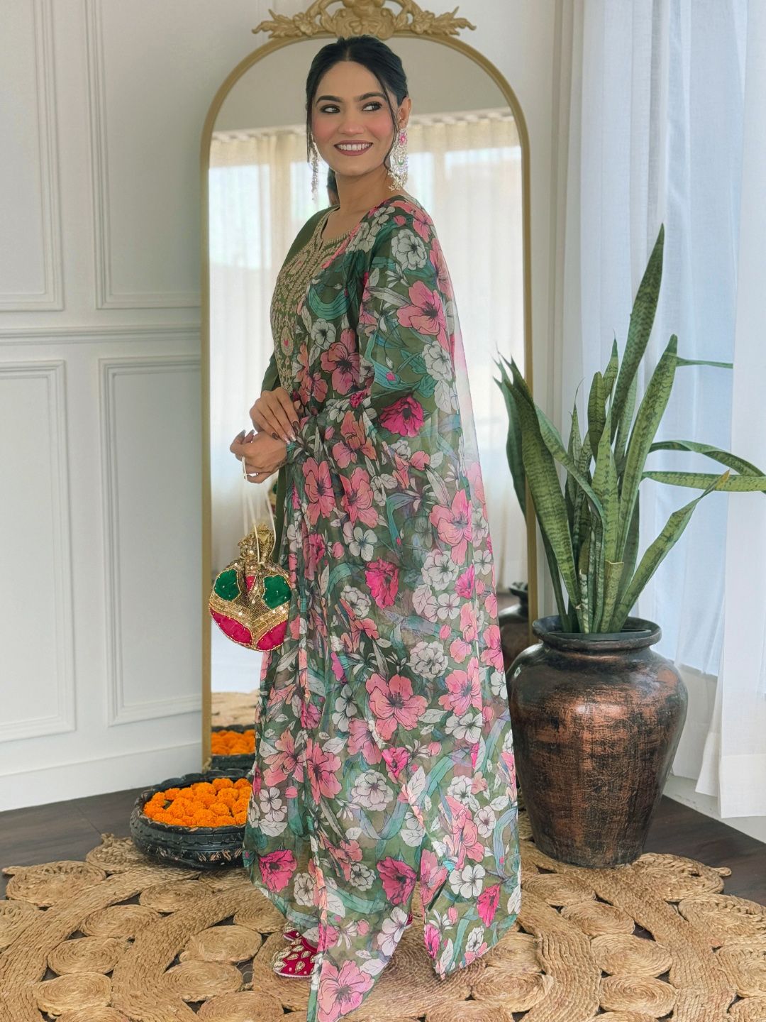 KALINI Women Floral Embroidered Regular Thread Work Kurta with Trousers & With Dupatta