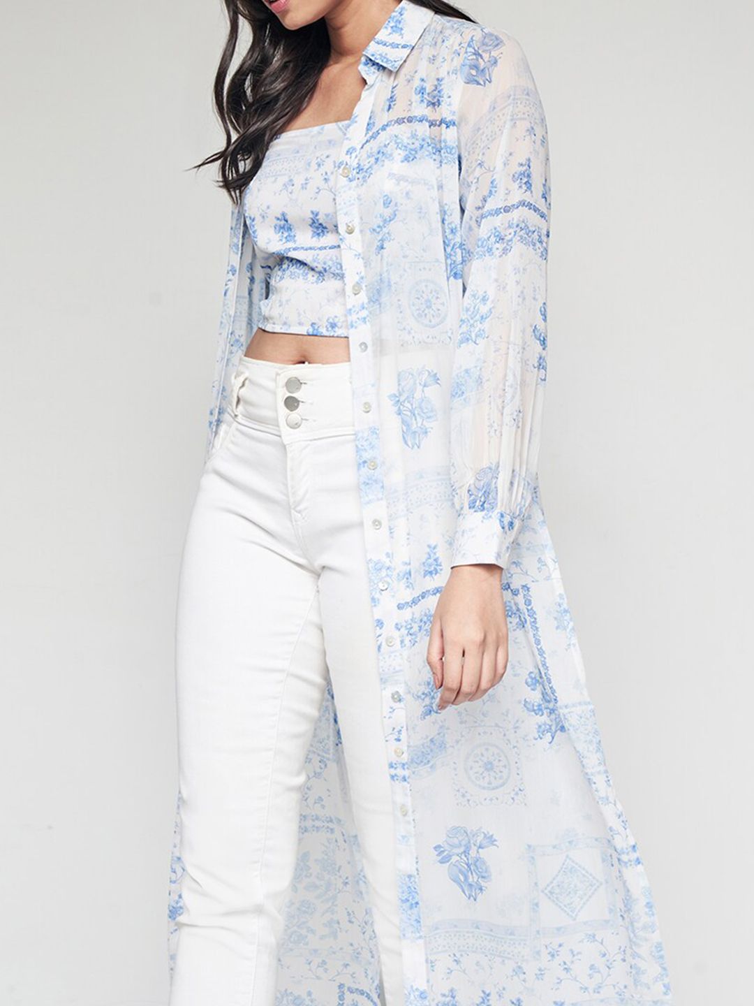 AND Floral Printed Shirt Collar Maxi Longline Top