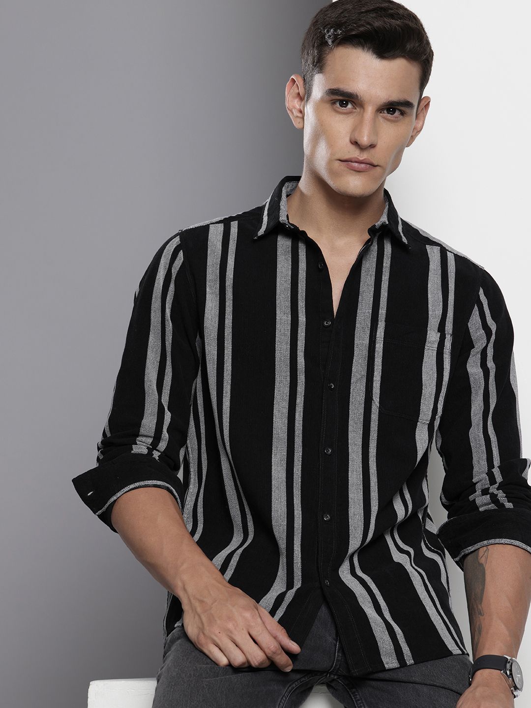 The Indian Garage Co Pure Cotton Striped Corduroy Casual Shirt