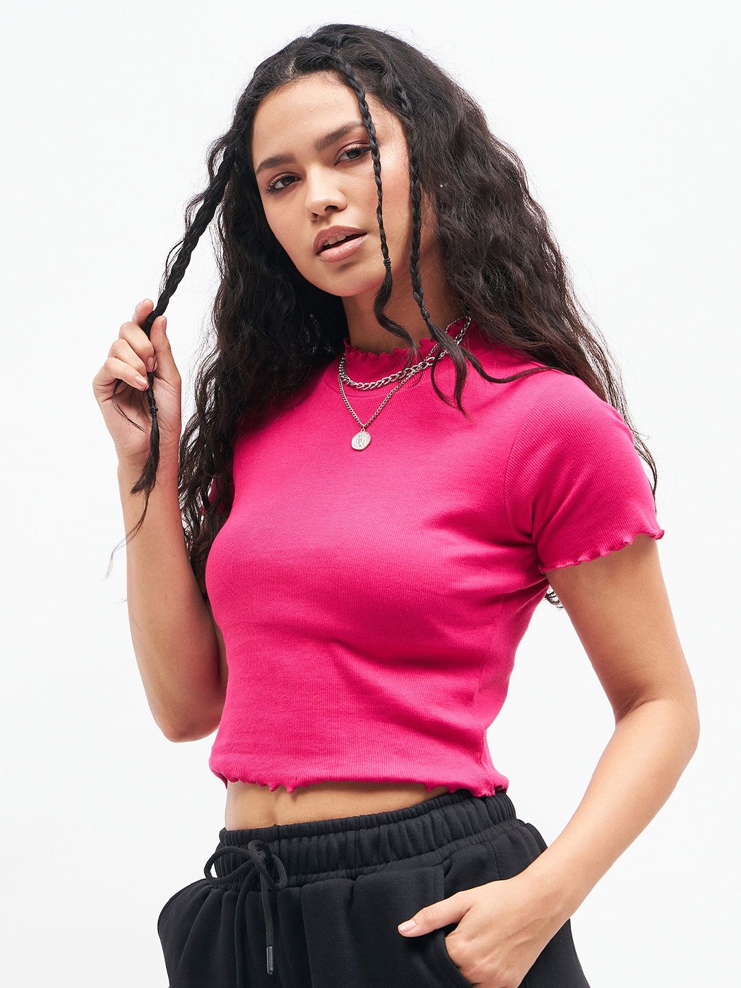 Sassafras Fuchsia Pink Ribbed High Neck Fitted Crop Top