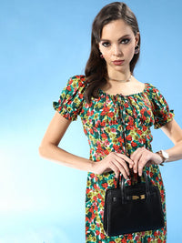 Berrylush Women Red Allover Floral Print Ruched Bust Detail Dress