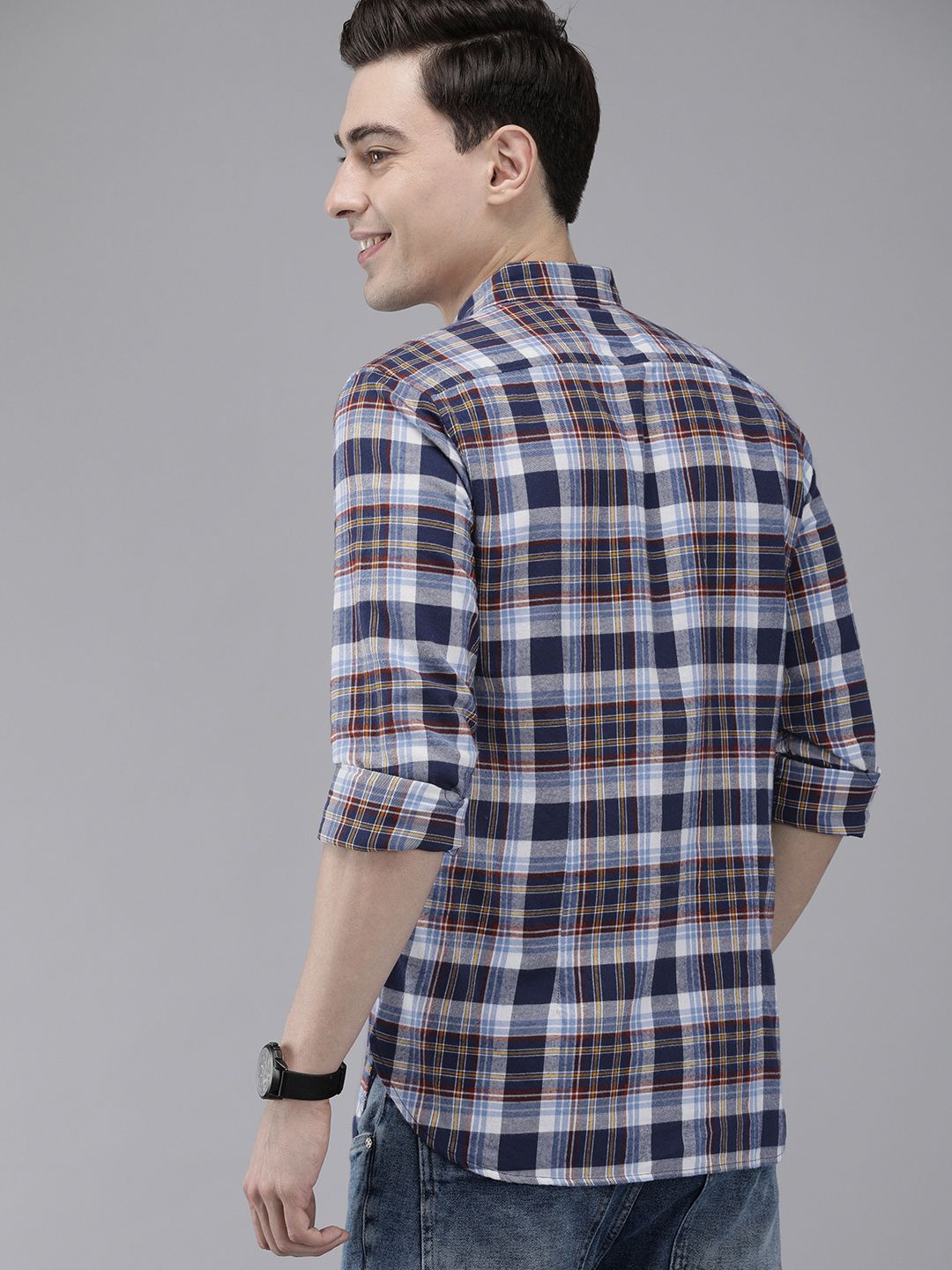 THE BEAR HOUSE Men Blue Slim Fit Tartan Checked Flannel Pure Cotton Casual Shirt