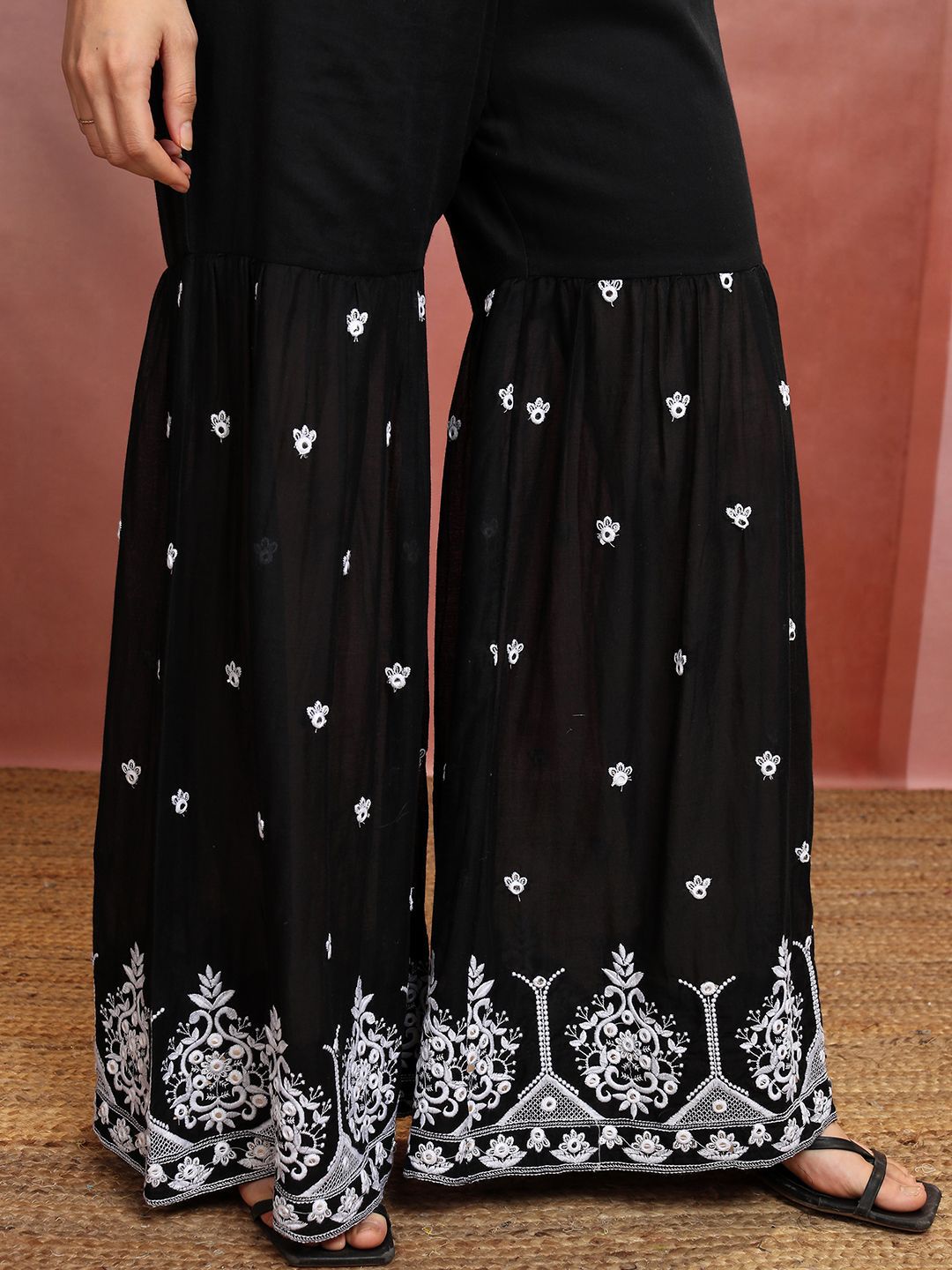 Vishudh Black Floral Embroidered Thread Work Pure Cotton Kurti with Sharara & Dupatta