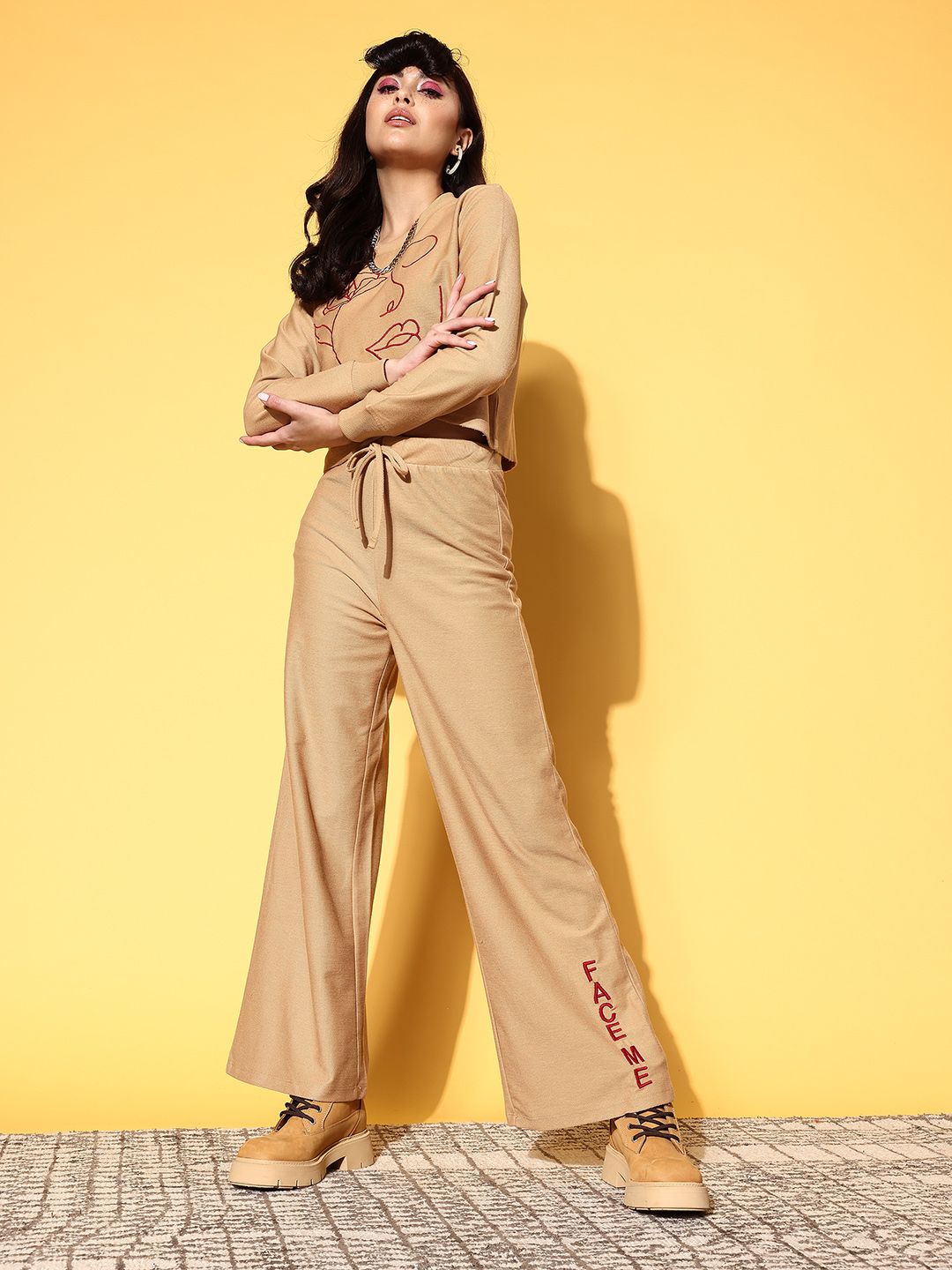 SASSAFRAS Women Classy Beige Self-Design Sweatshirt with Printed Trousers