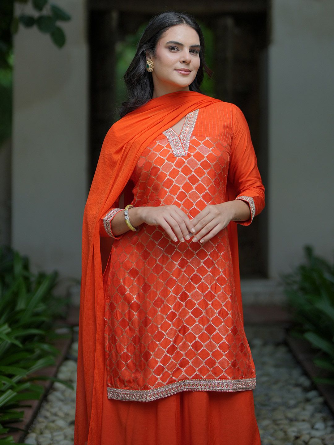 Libas V Neck Regular Sequinned Straight Kurti with Palazzos & Dupatta