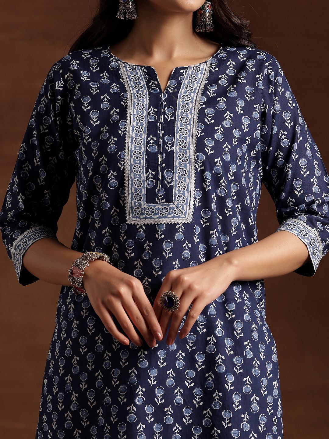 Libas Floral Printed Notch Neck Pure Cotton Straight Kurta with Trousers & Dupatta