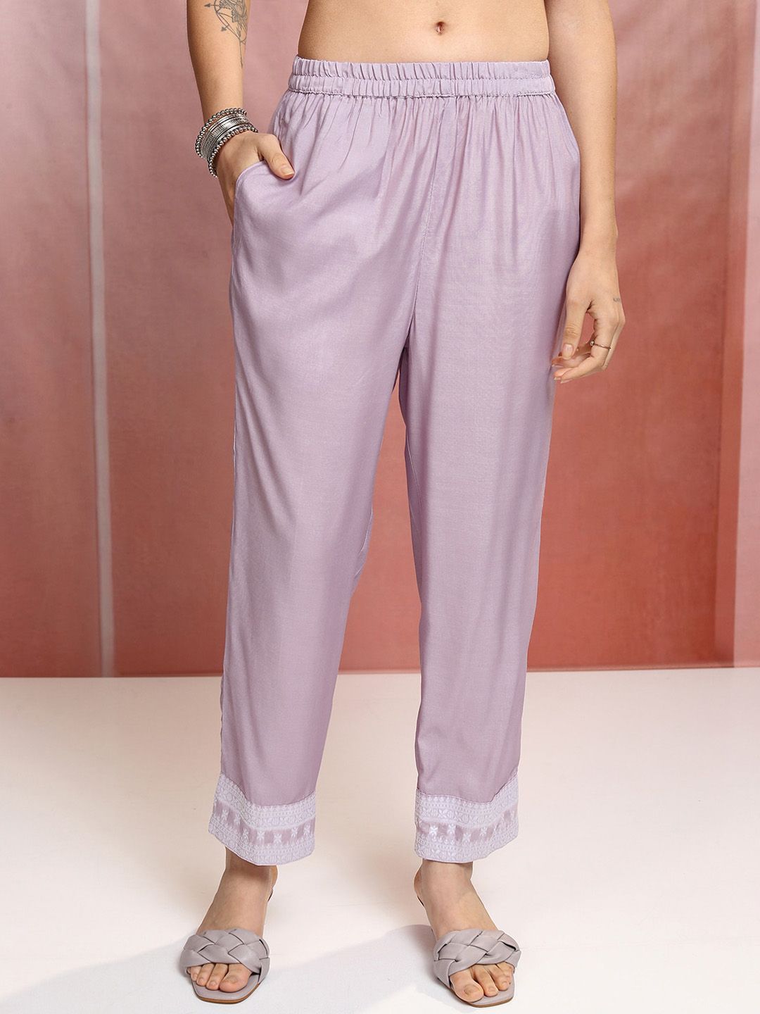Vishudh Purple Floral Embroidered Mirror Work Straight Kurta With Trousers & Dupatta