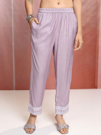 Vishudh Purple Floral Embroidered Mirror Work Straight Kurta With Trousers & Dupatta