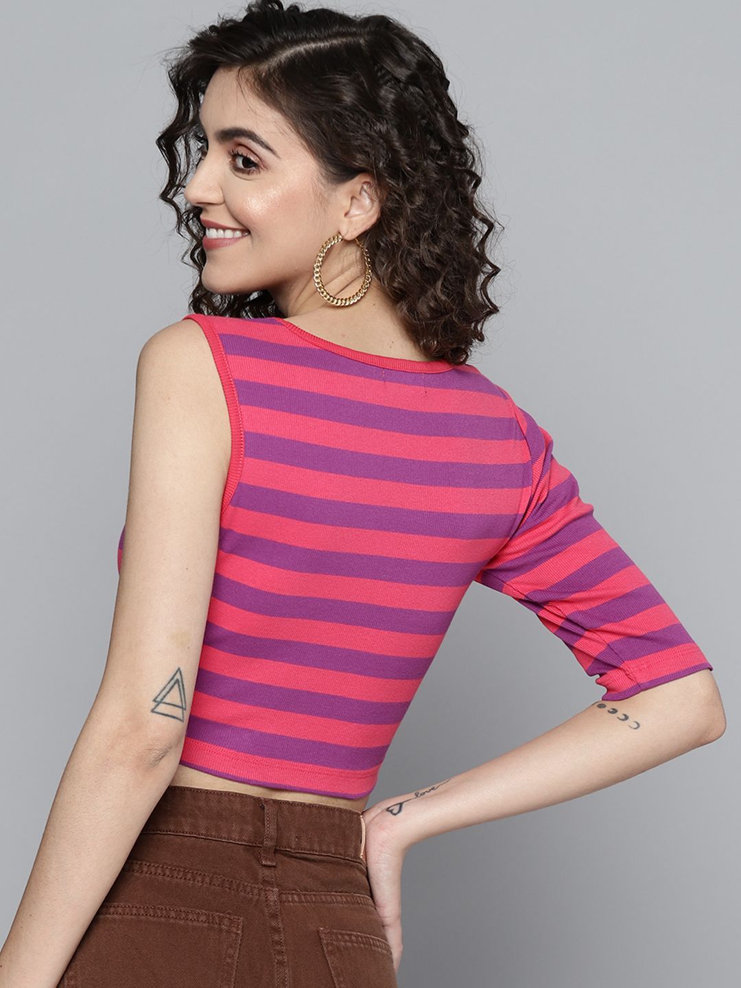 SASSAFRAS Fuchsia & Purple Striped One Sleeved Crop Top