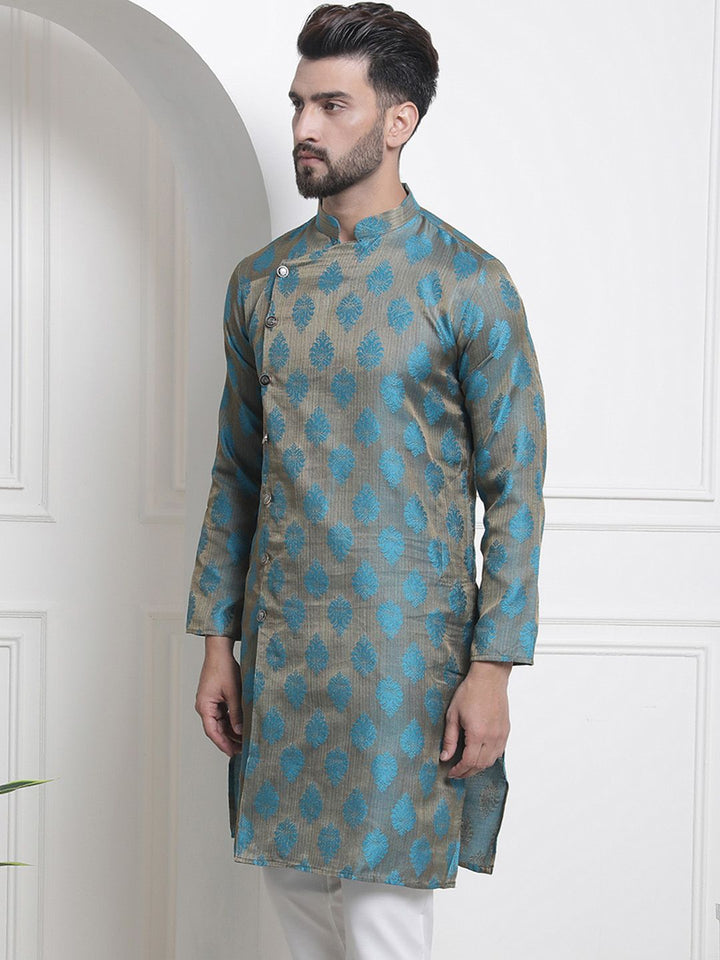SOJANYA Woven Design Mandarin Collar Silk Cotton Angrakha Kurta