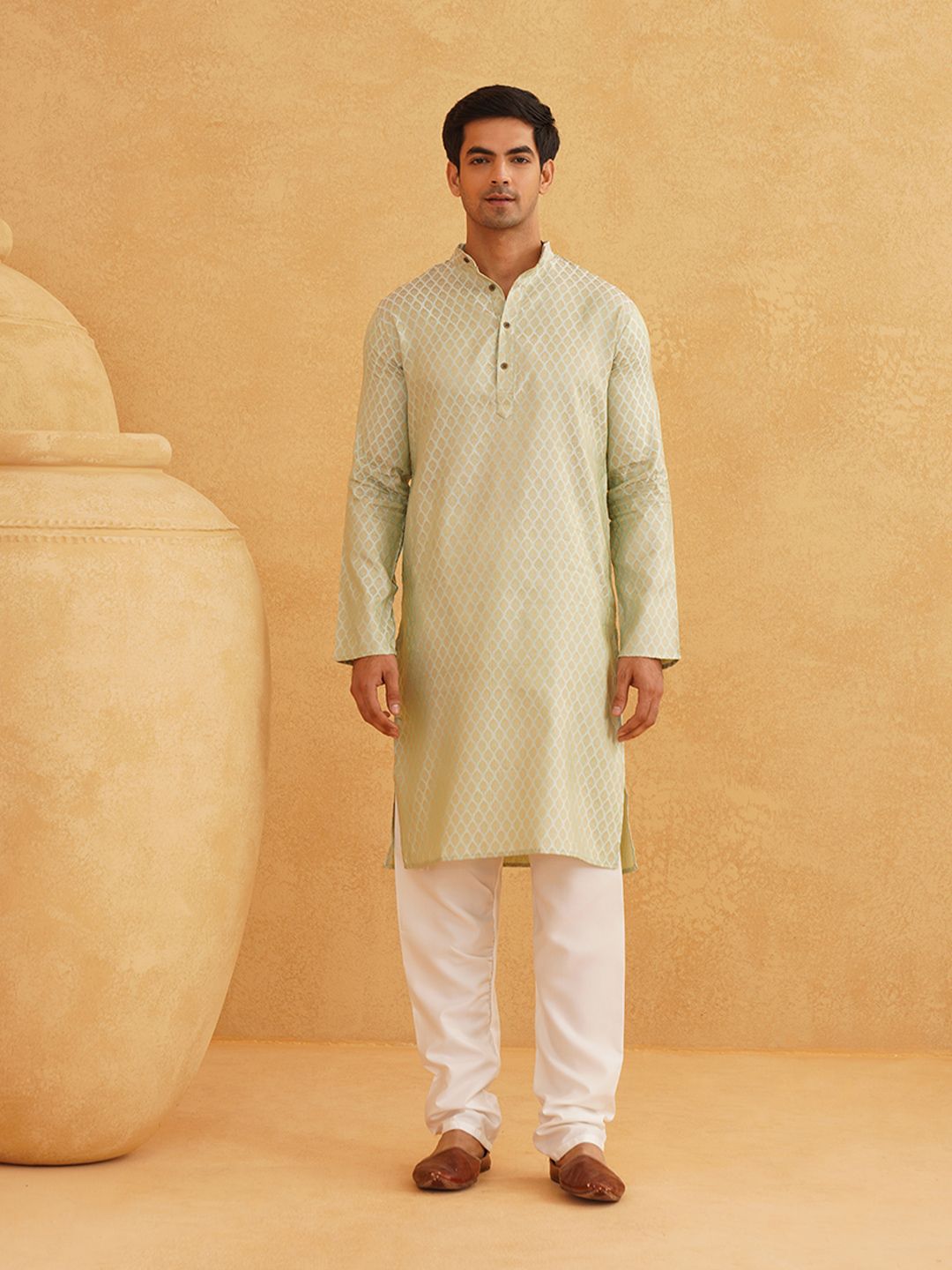 SOJANYA Woven Design Mandarin Collar Kurta with Churidar & Nehru Jacket