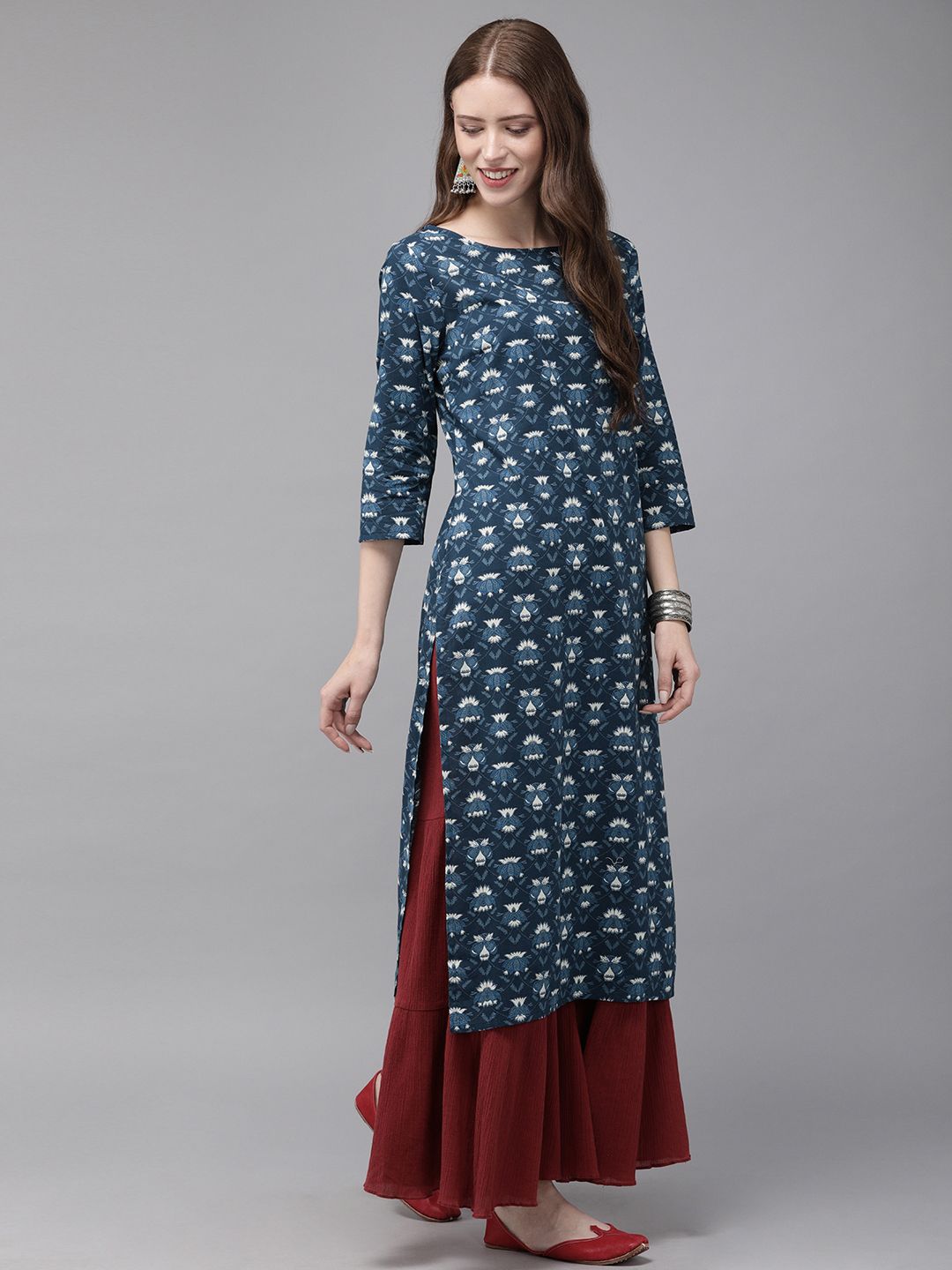 Anouk Women Navy Blue & Off-White Printed Straight Kurta