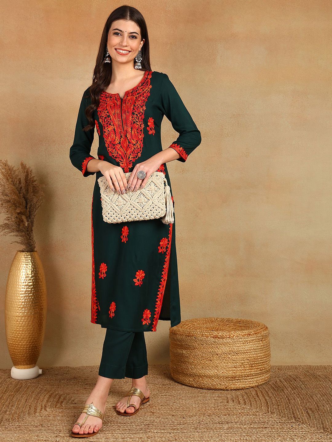 KALINI Floral Embroidered Thread Work Straight Kurta