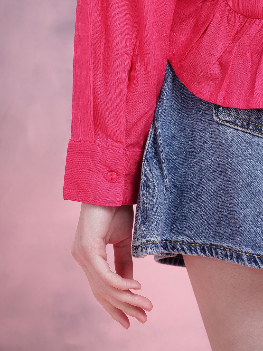 DressBerry Women Ruffled Spread Collar Casual Crop Shirt