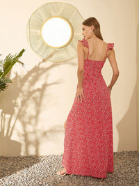 Berrylush Red Floral Printed Sweetheart Neck Flutter Sleeves Maxi Dress