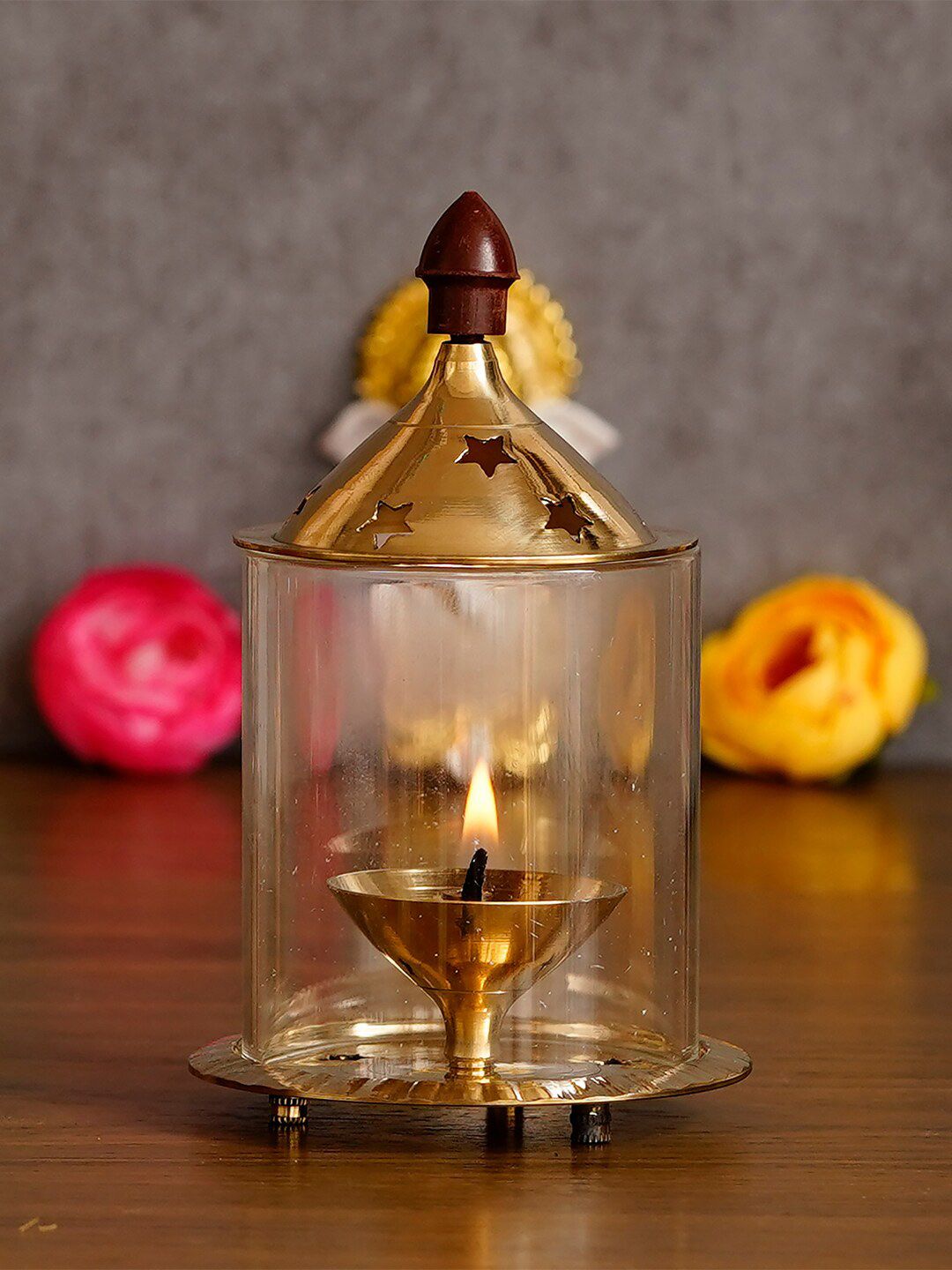 eCraftIndia Gold-Toned Brass Akhand Diya with Glass