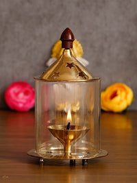 eCraftIndia Gold-Toned Brass Akhand Diya with Glass