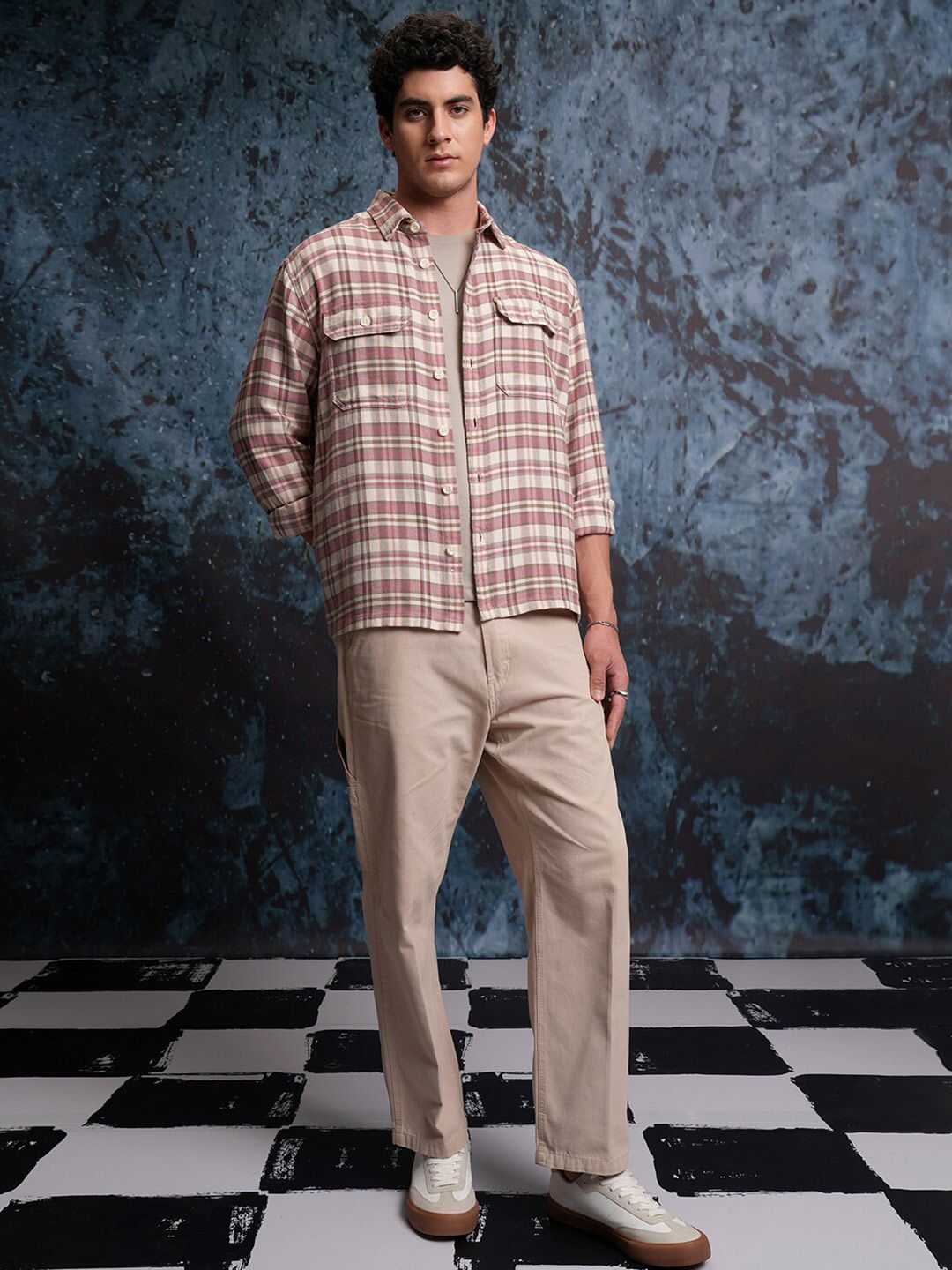 Locomotive Men Pink Dobby Textured Checked Utility Pocket Overshirt