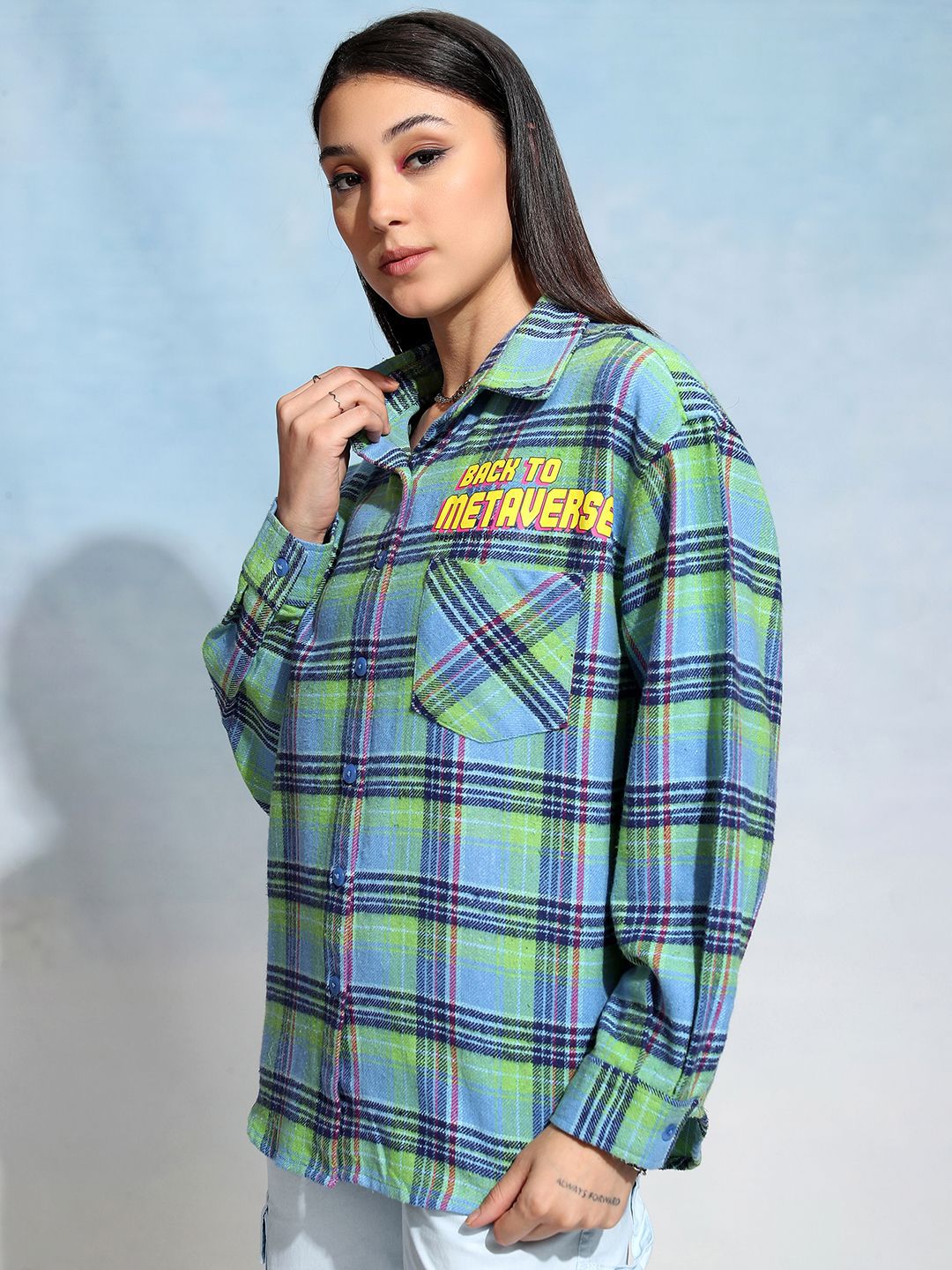 Tokyo Talkies Green & Blue Tartan Checks Opaque Checked Cotton Oversized Casual Shirt