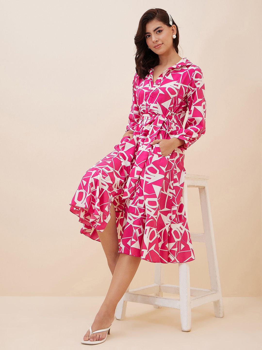 Antheaa Geometric Printed Shirt Style Midi Dress