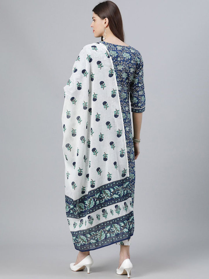 Libas Women Blue Printed Kurta with Palazzos & Dupatta