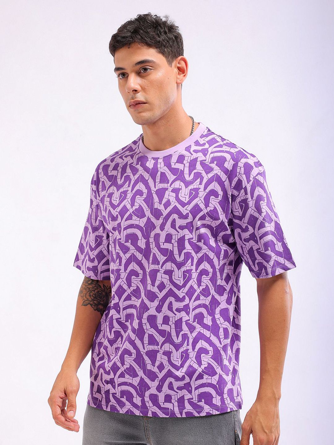 The Indian Garage Co Men All Over Printed Boxy Oversized Round Neck T-shirt