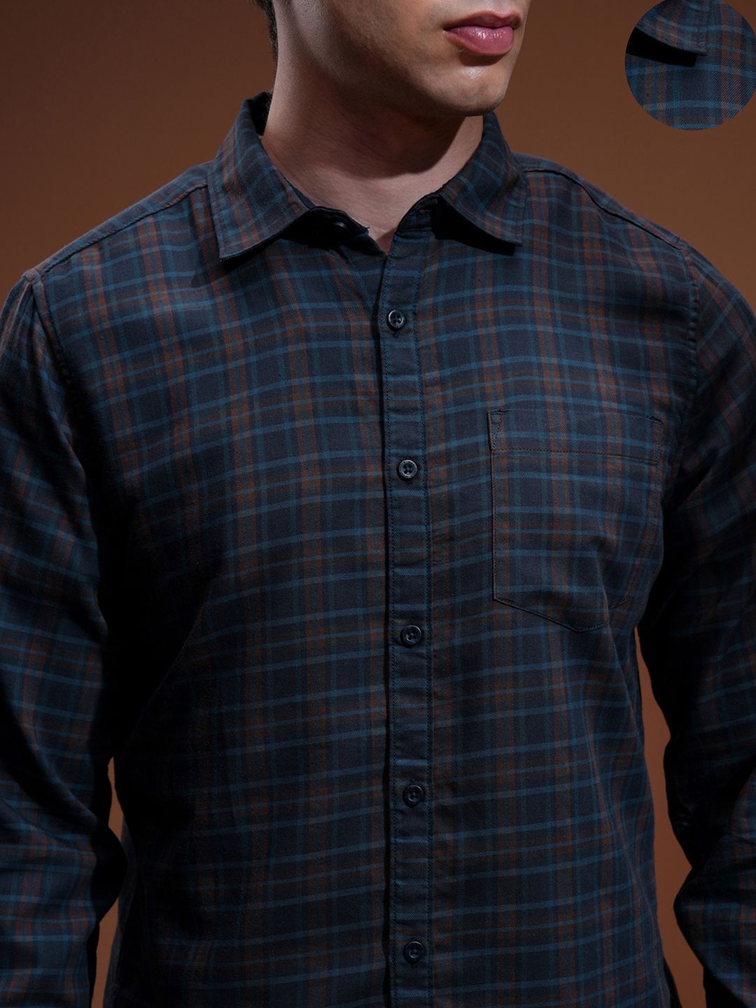HIGHLANDER Men Navy & Brown Slim Fit Checked Casual Shirt