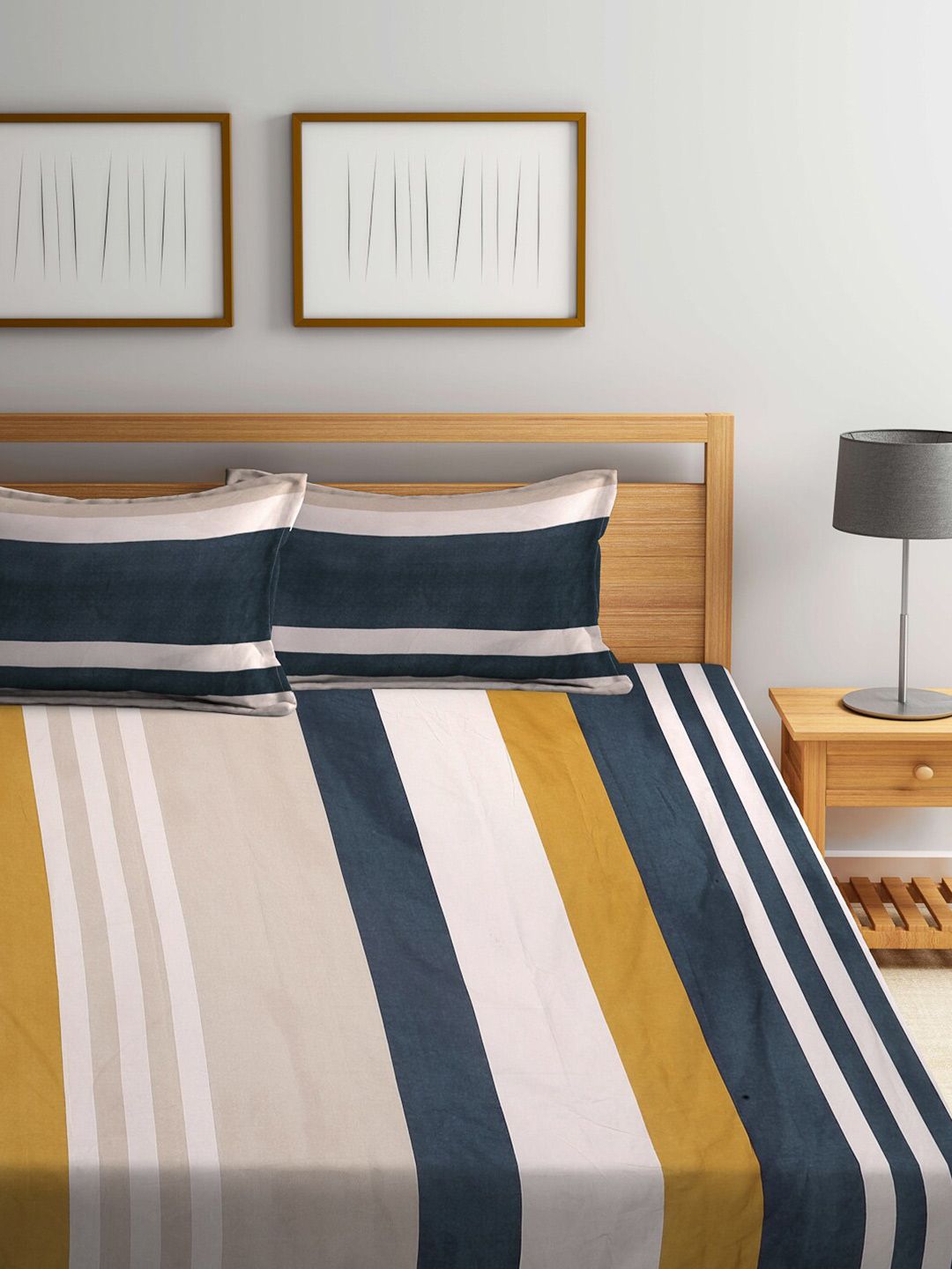 KLOTTHE Beige & Blue Striped 300 TC Fitted Super King Double Bedsheet With 2 Pillow Covers