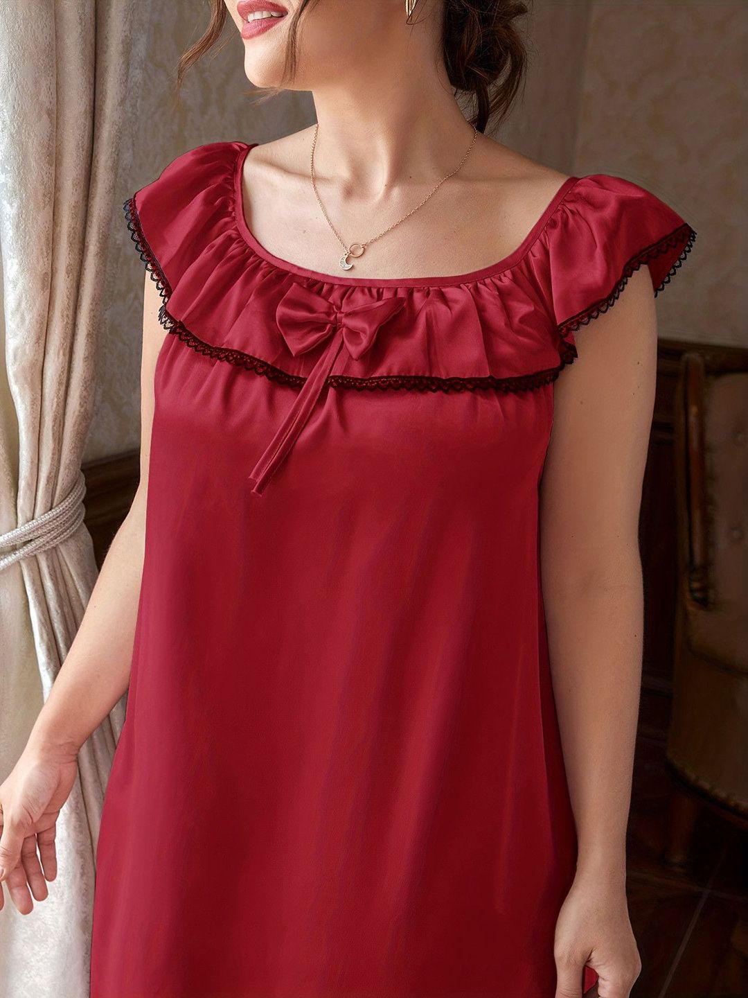 DressBerry Round Neck Bow Detail Sleeveless Frill Maxi Nightdress
