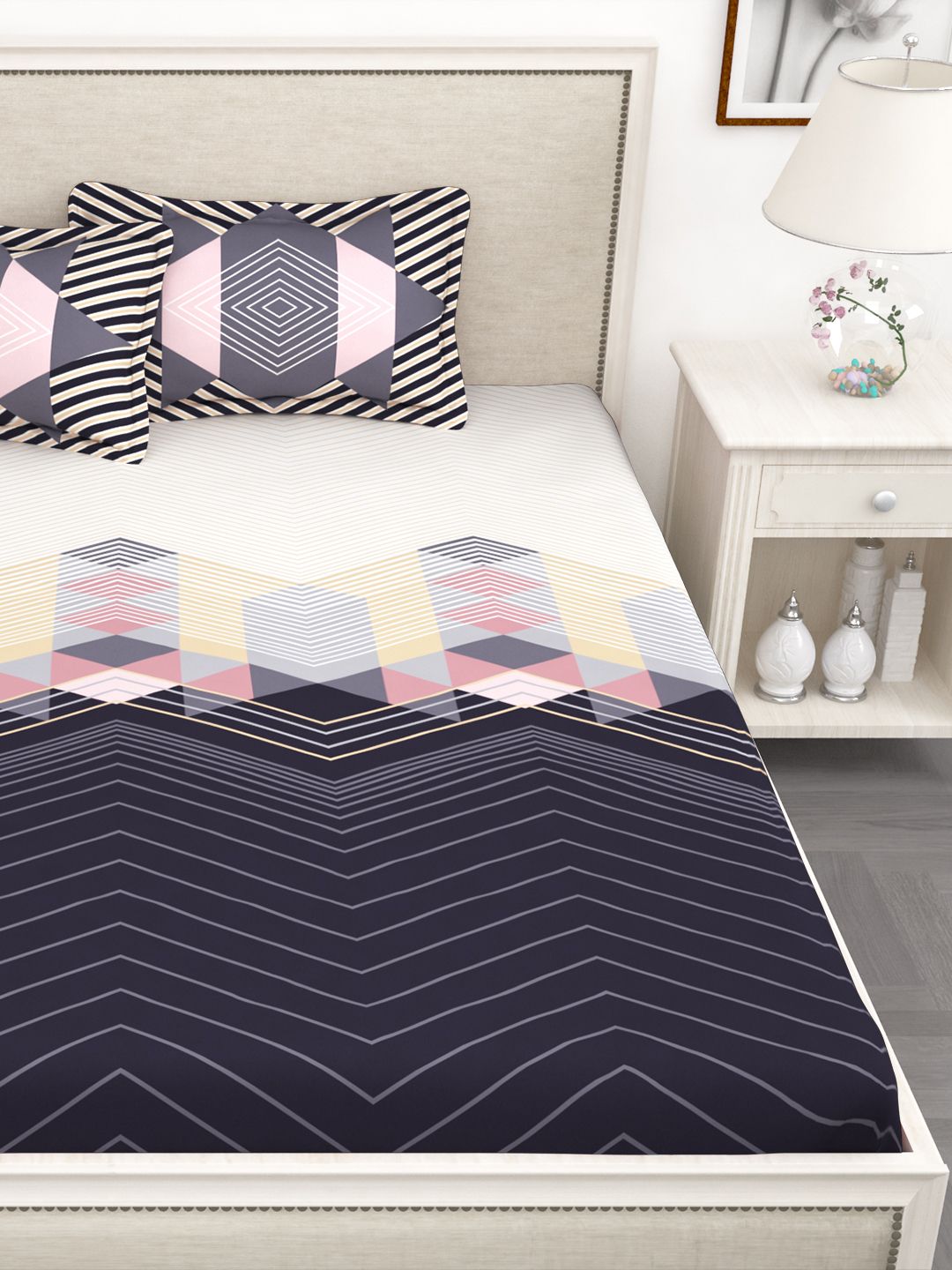 Story@home White & Purple Abstract 210TC Cotton 1 King Bedsheet with 2 Pillow Covers