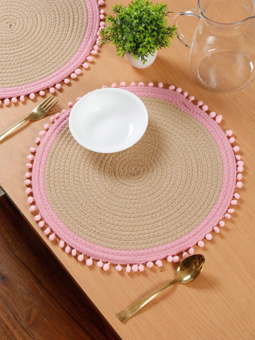 HOSTA HOMES Beige & Pink Self Design Pure Cotton Table Placemat