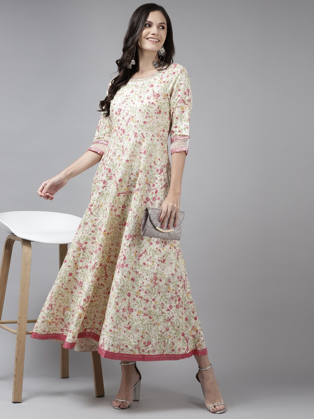 W Beige & Pink Ethnic Motifs Ethnic A-Line Maxi Dress