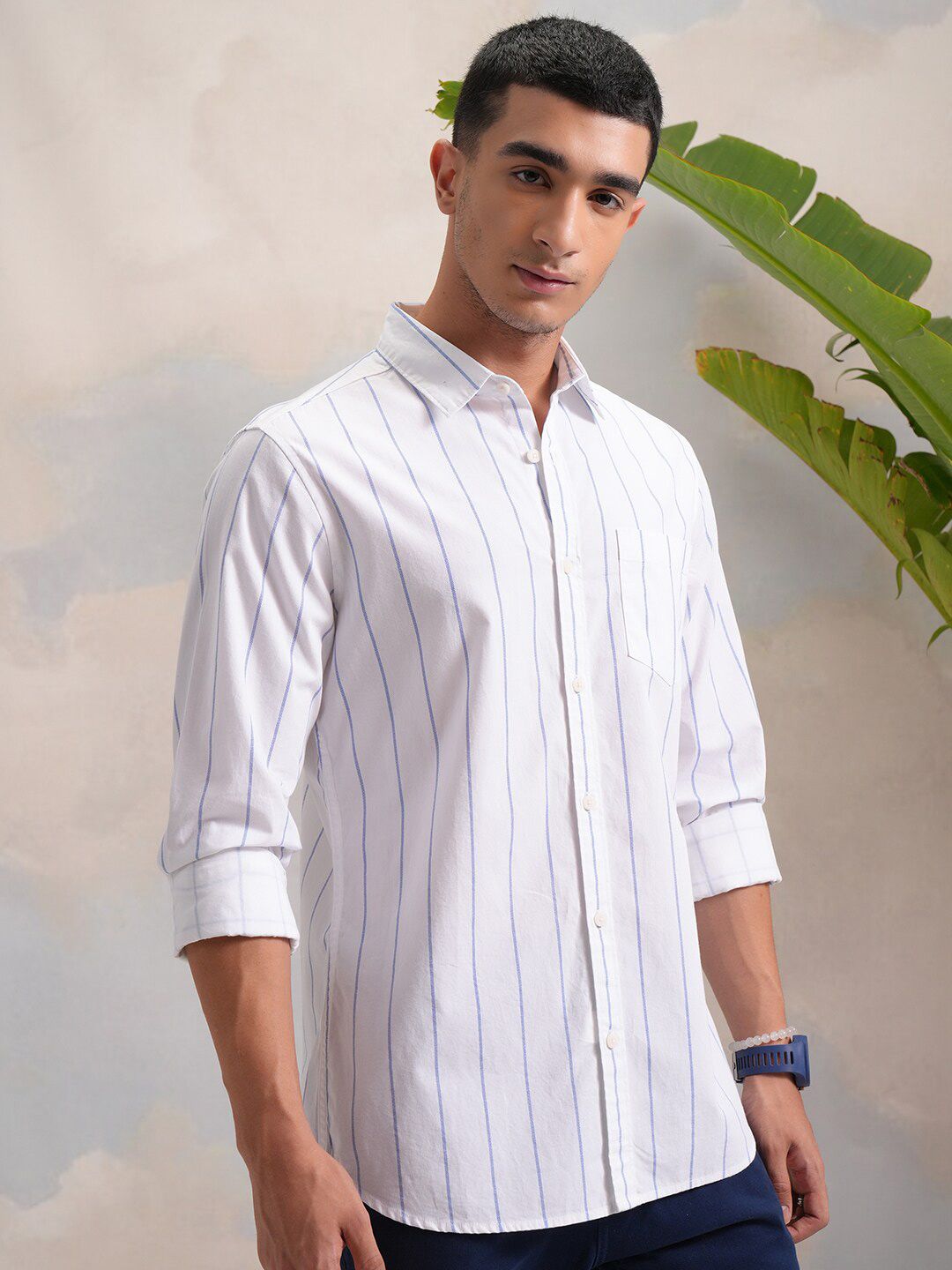 HIGHLANDER Classic White Slim Fit Vertical Striped Spread Collar Cotton Casual Shirt
