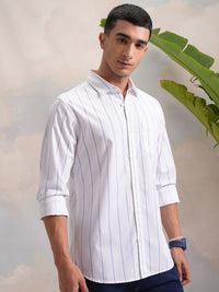 HIGHLANDER Classic White Slim Fit Vertical Striped Spread Collar Cotton Casual Shirt