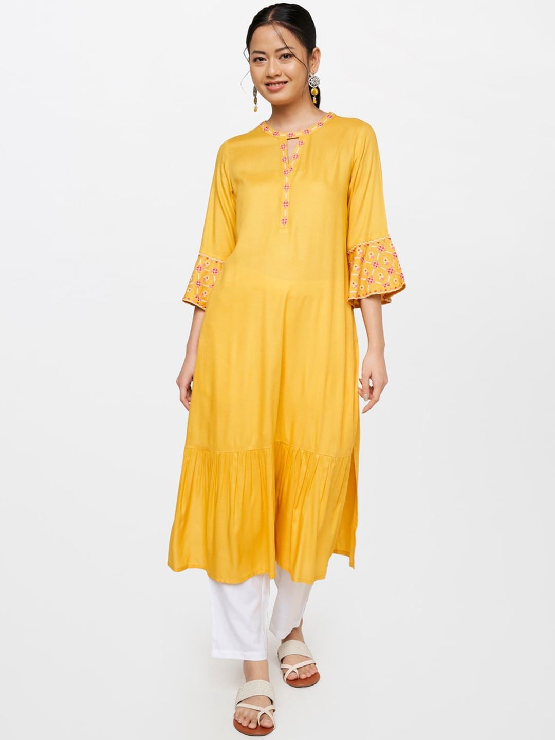 Global Desi Women Mustard Yellow Embroidered Keyhole Neck Bell Sleeves Thread Work Kurta
