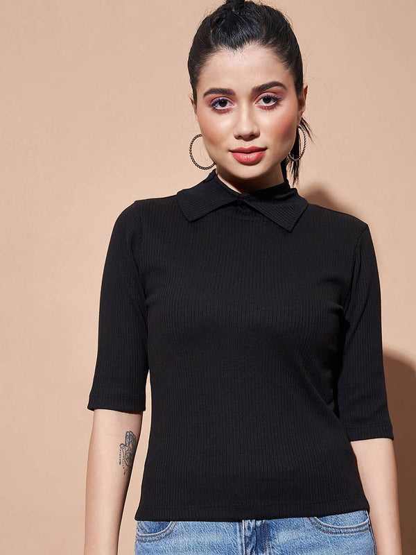 SASSAFRAS BASICS Ribbed Shirt Collar Cotton Top