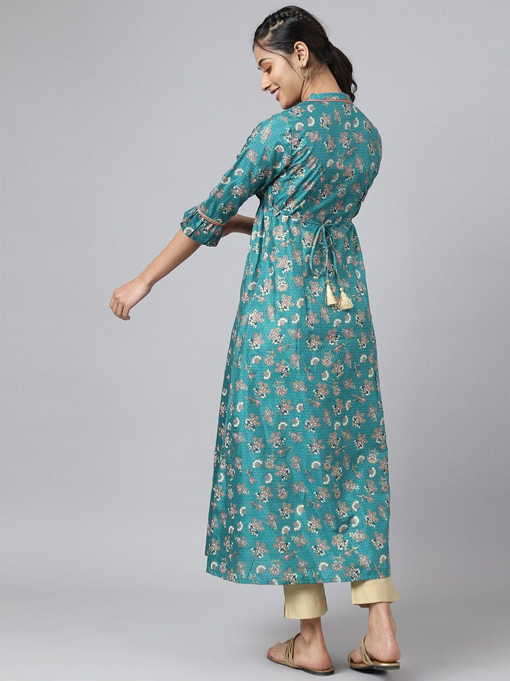 AURELIA Women Green Ethnic Motifs Printed Keyhole Neck Kurta