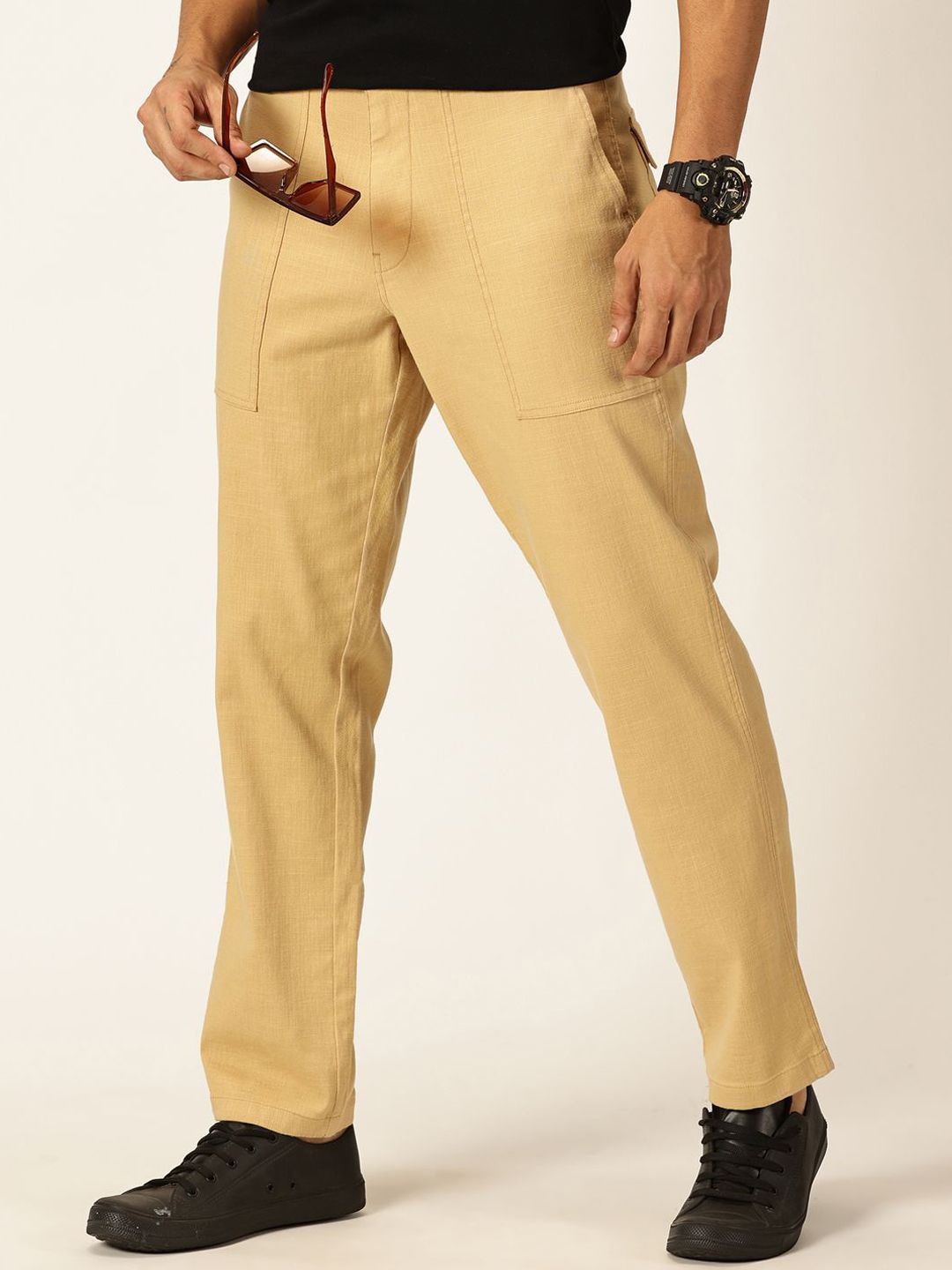 Thomas Scott Men Smart Regular Fit Mid-Rise Easy Wash Linen Chinos Trousers