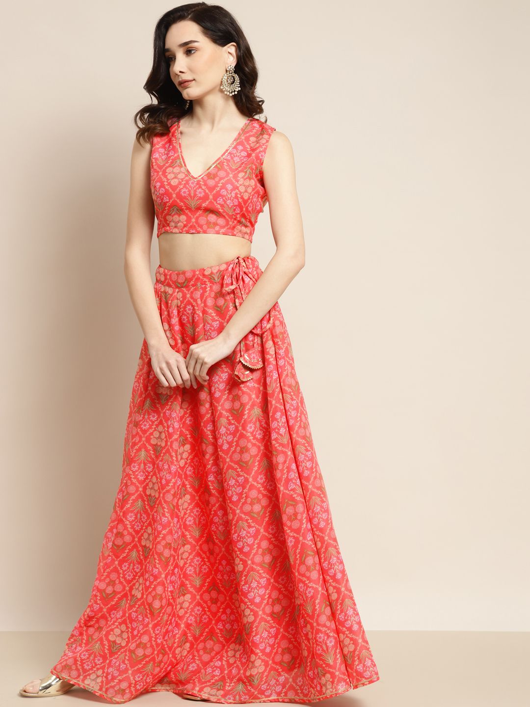 Shae by SASSAFRAS Peach-Coloured & Olive Green Printed Fusion Lehenga Choli