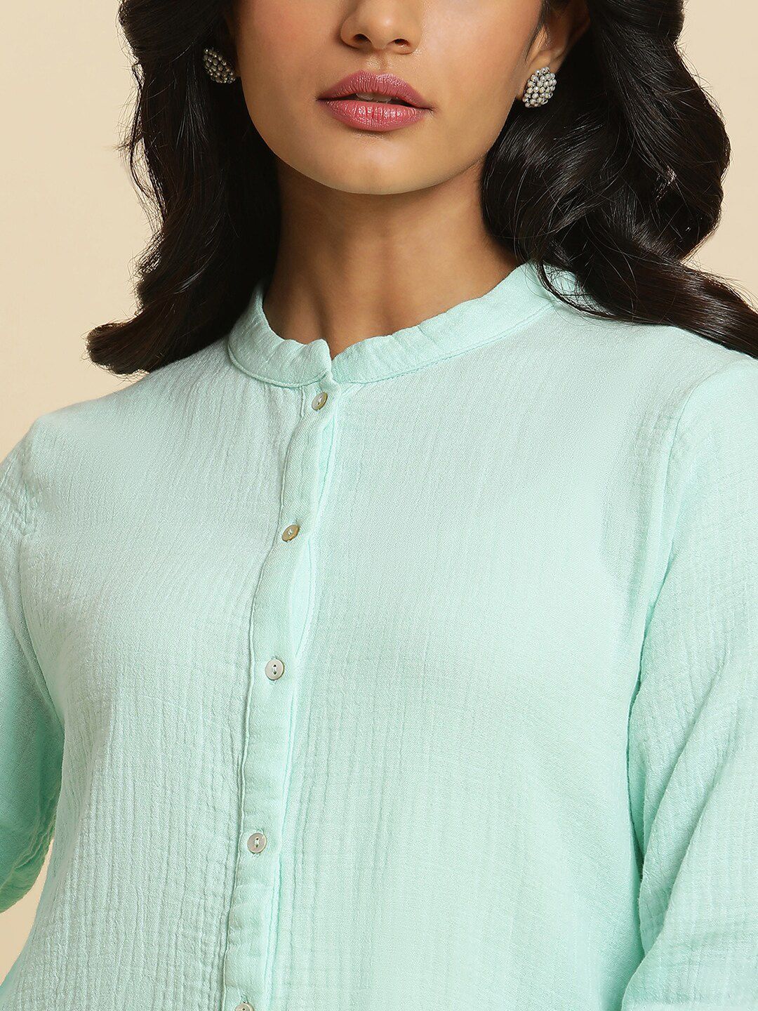 W Mandarin Collar Roll Up Sleeves Cotton Shirt Style Top