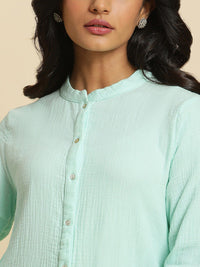 W Mandarin Collar Roll Up Sleeves Cotton Shirt Style Top