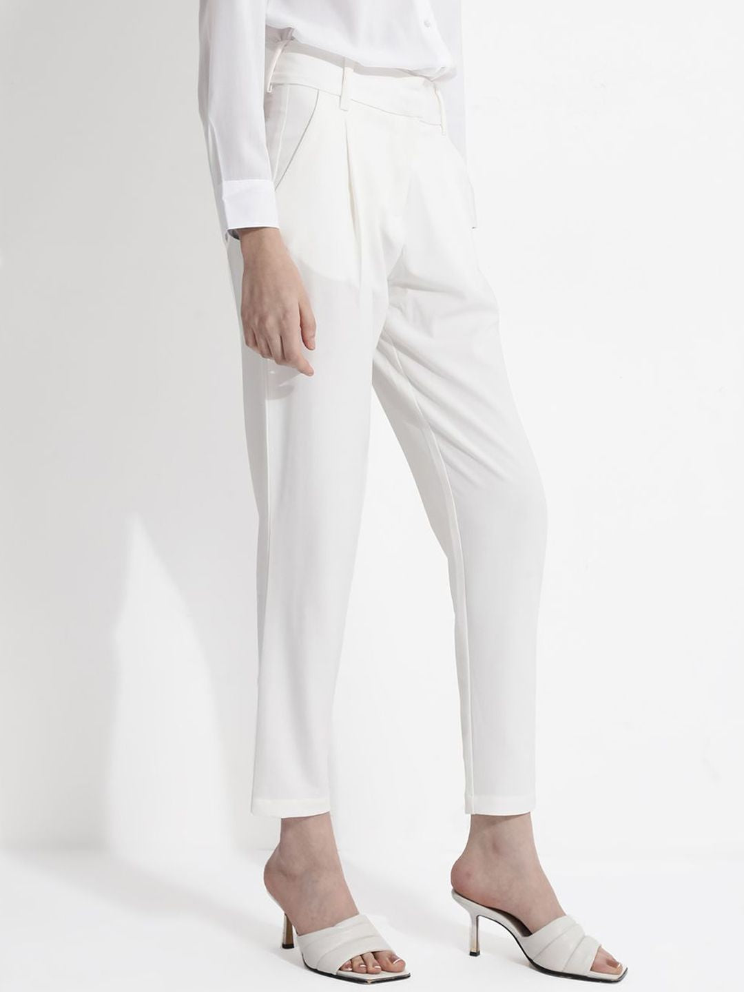 RAREISM Women Comfort Tapered Fit High-Rise Pleated Cotton Peg Formal Trousers