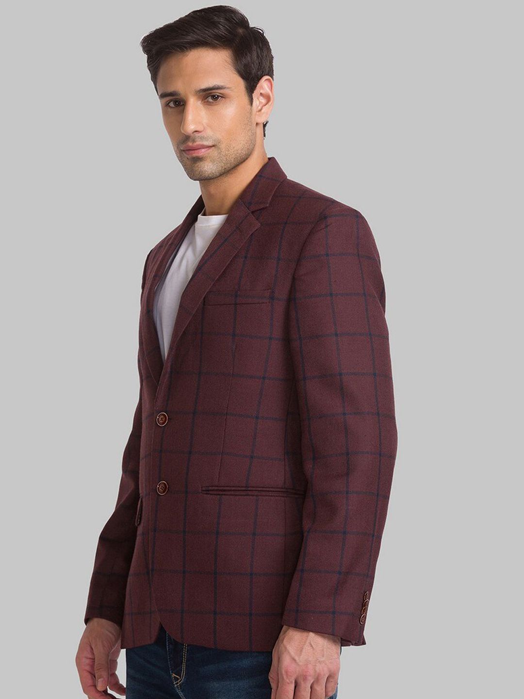 Park Avenue Men Maroon Checked Single Breasted Formal Blazer