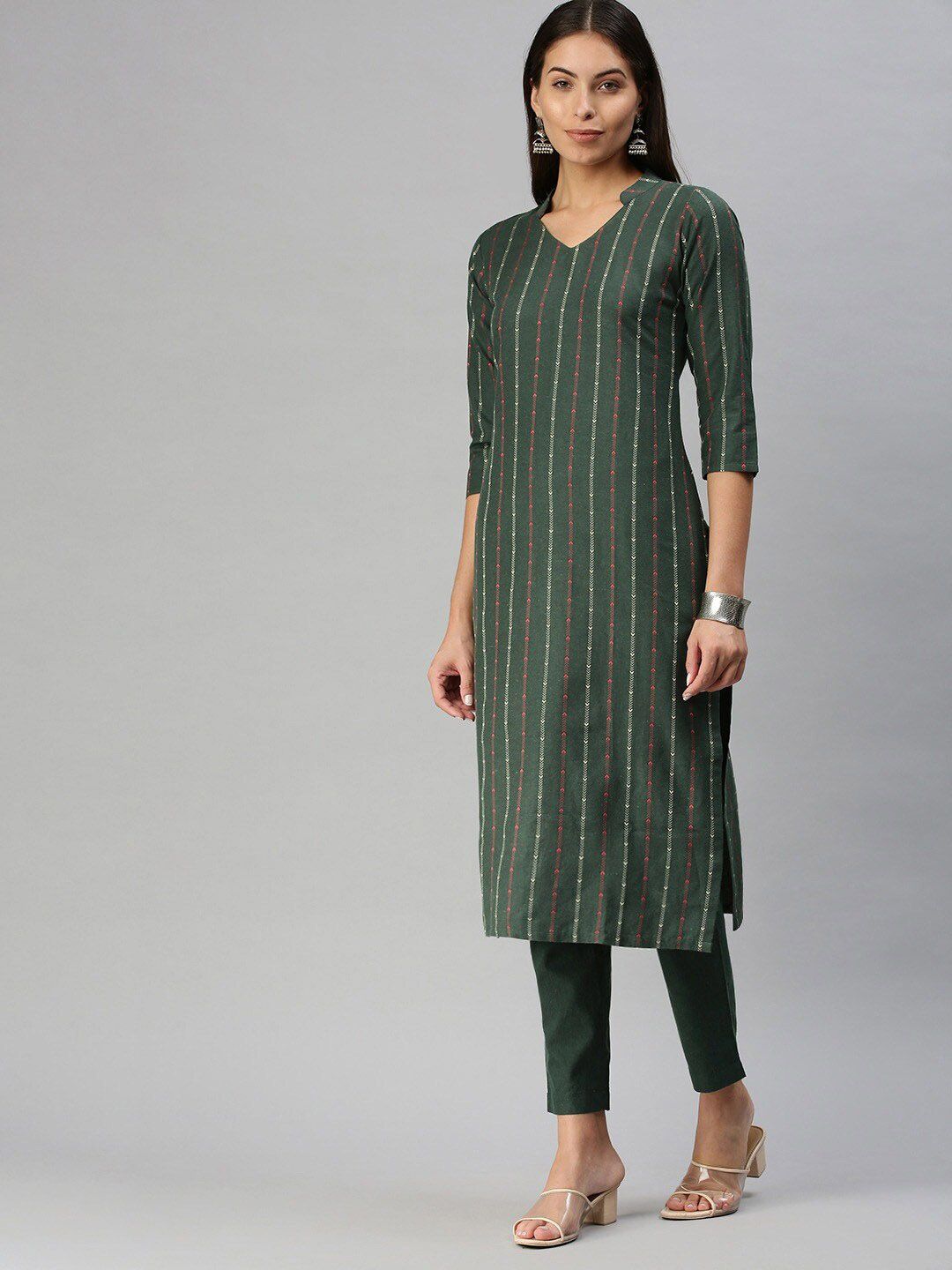 KALINI Mandarin Collar  Woven Design Kurta with Trousers